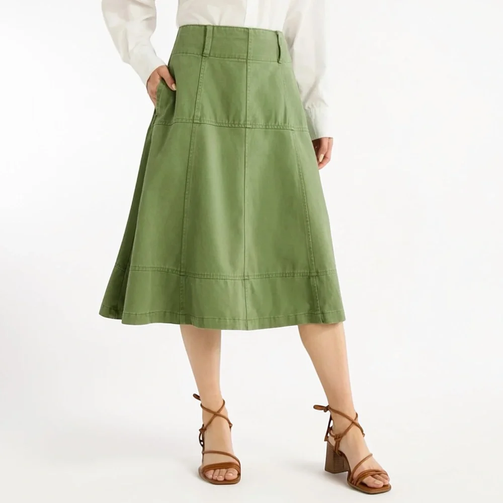 Free Assembly Flared Cotton Midi Skirt A-line Green Size 10 - Picture 1 of 6